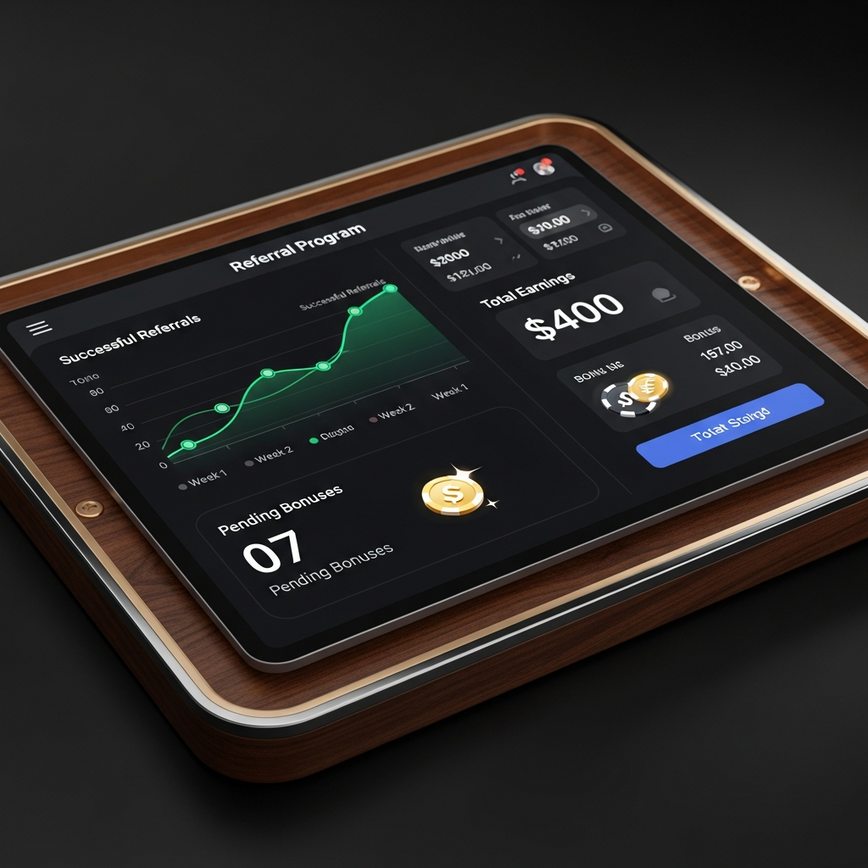 Visualizes the concept of tracking referral success and earnings through a player's dashboard.