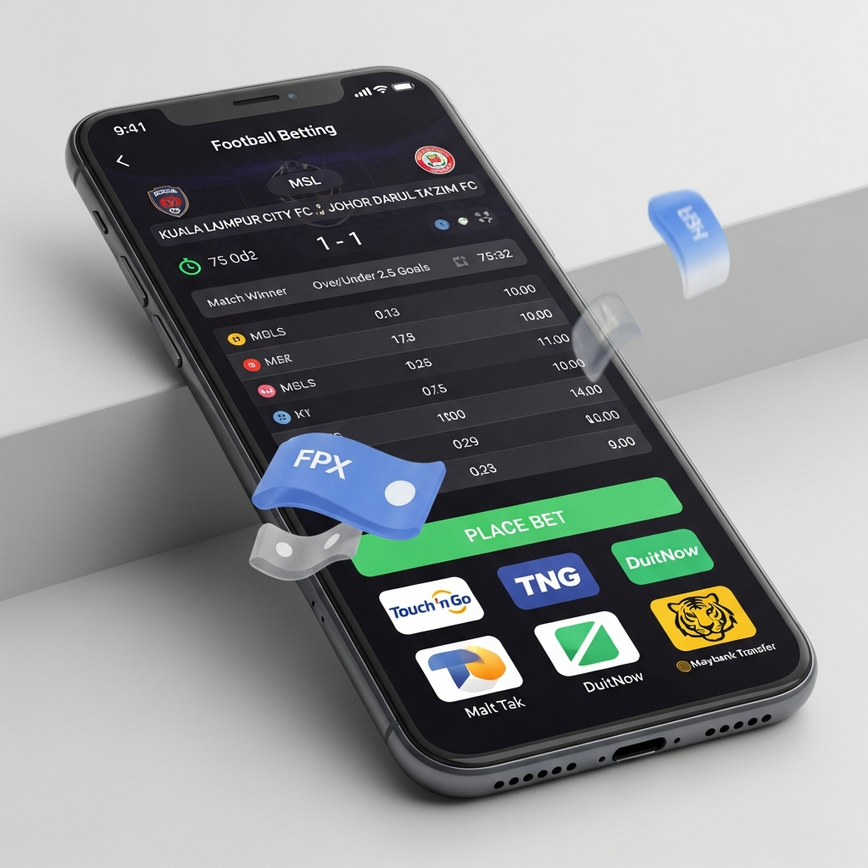 展示了用于马超联赛投注的移动应用的便利性和安全性，以及集成的马来西亚本地支付方式。