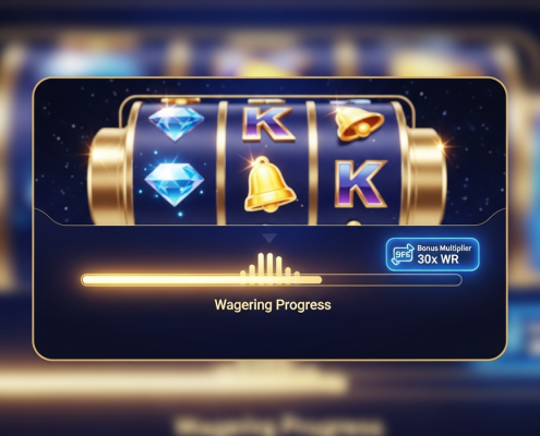 Vibrant online casino interface showing a partially filled wagering progress bar and a bonus multiplier icon, illustrating the concept of meeting bonus play-through requirements.