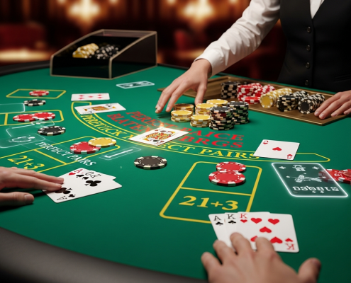 Premium online blackjack table with clearly marked side bet areas, cards, and casino chips, illustrating the excitement of blackjack side bets.