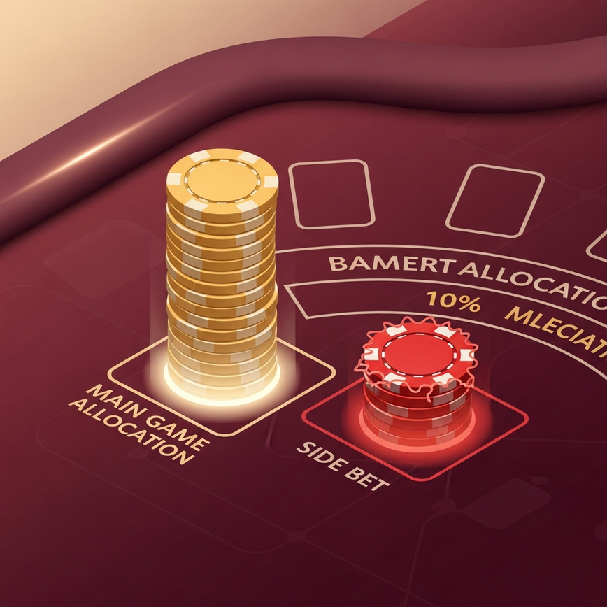 Visualizes the concept of bankroll management and the risk/reward of side bets, showing a clear allocation of chips between main game and side bets.