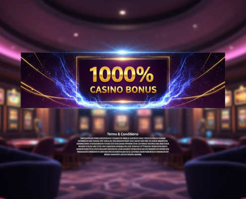 Vibrant digital banner for a '1000% Casino Bonus' with tiny, dense fine print, set in a luxurious online casino lobby, illustrating the 'too good to be true' nature of some offers.