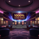 Vibrant digital banner for a '1000% Casino Bonus' with tiny, dense fine print, set in a luxurious online casino lobby, illustrating the 'too good to be true' nature of some offers.