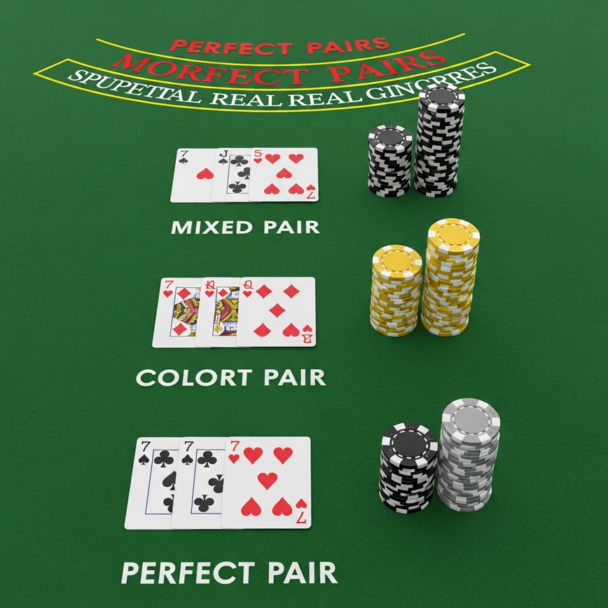 展示了二十一点牌桌上三种不同类型的完美对子（混合、同色、完美）及其递增的赔付潜力。