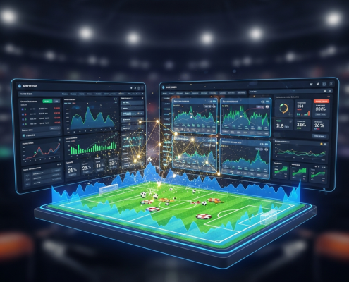 Digital interface showing advanced football betting analytics with head-to-head statistics, trend graphs, and strategic data visualization on a premium online sports betting platform.