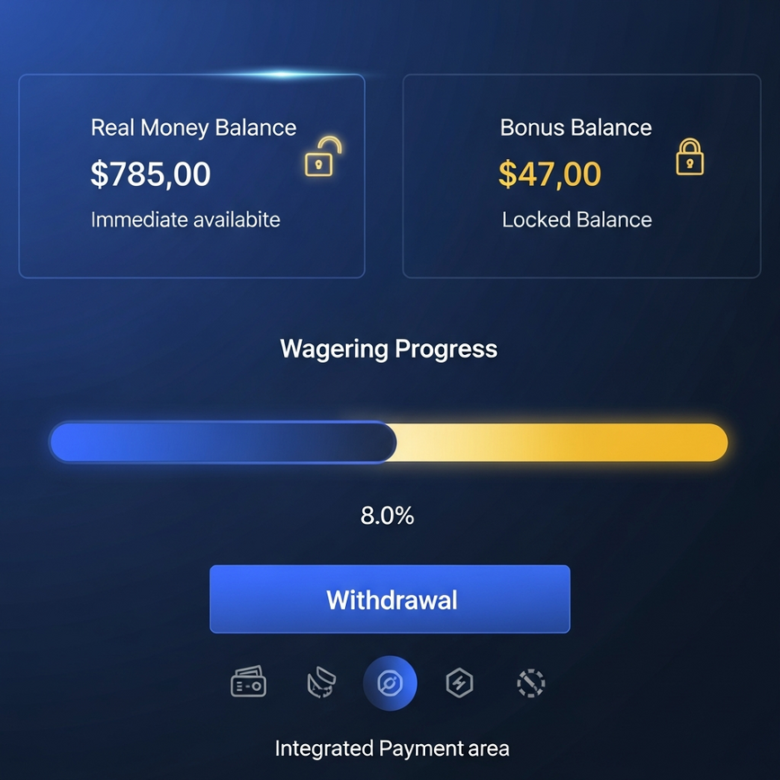 展示玩家账户仪表板，清晰区分‘奖金余额’和‘真钱余额’，并设有‘投注进度’条，强调提款流程。