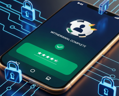 Sleek smartphone displaying an online casino app with a 'Withdrawal Complete' notification and 5-star rating, symbolizing positive Malaysian player reviews and fast payouts.