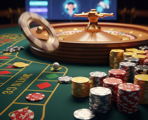 Luxurious online roulette table with a spinning wheel, a ball about to land, and strategically placed casino chips on the green betting layout, representing a sophisticated online casino experience.