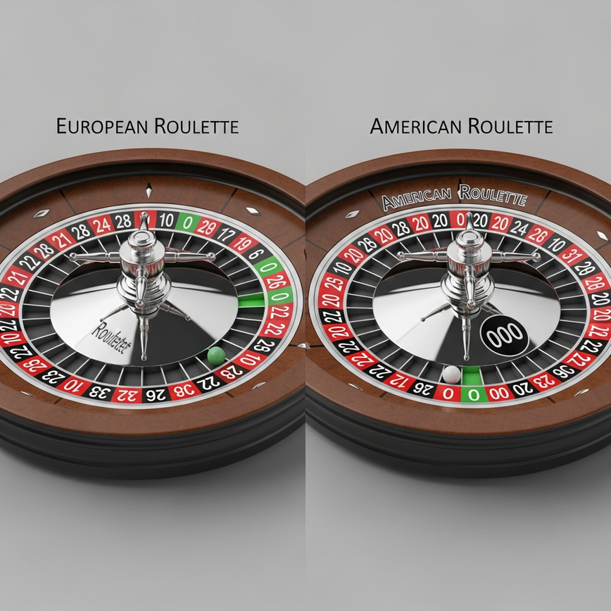To visually illustrate the fundamental difference between European and American roulette wheels by highlighting the single zero vs. double zero pockets, crucial for understanding the house edge.