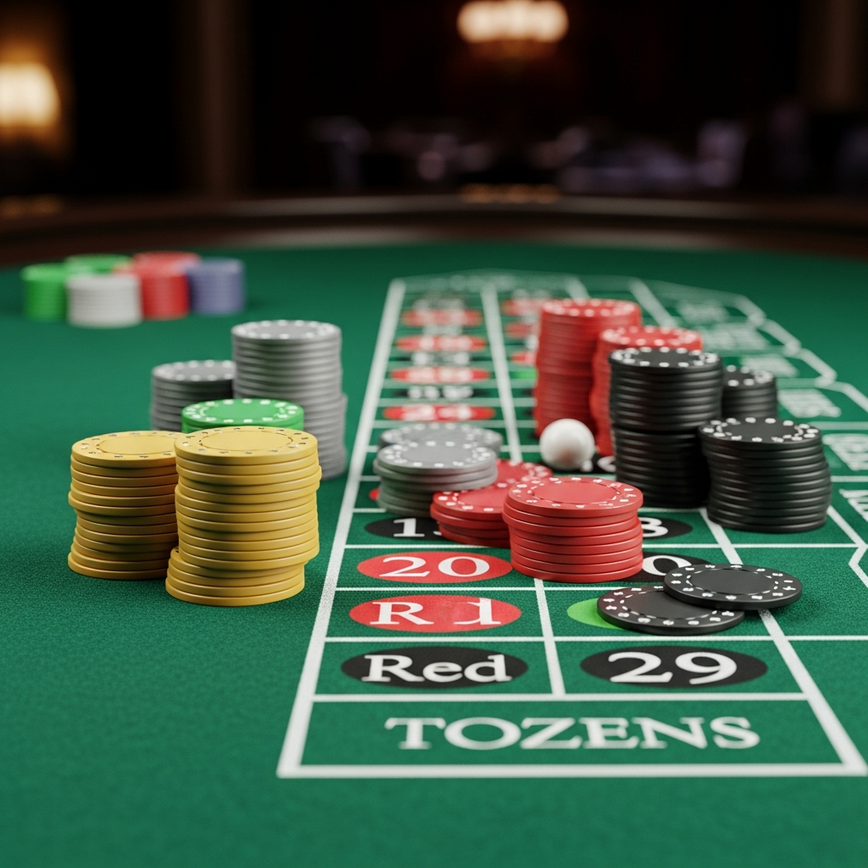 To visualize the concept of structured betting strategies and disciplined bankroll management on a roulette table, showing chips strategically placed.