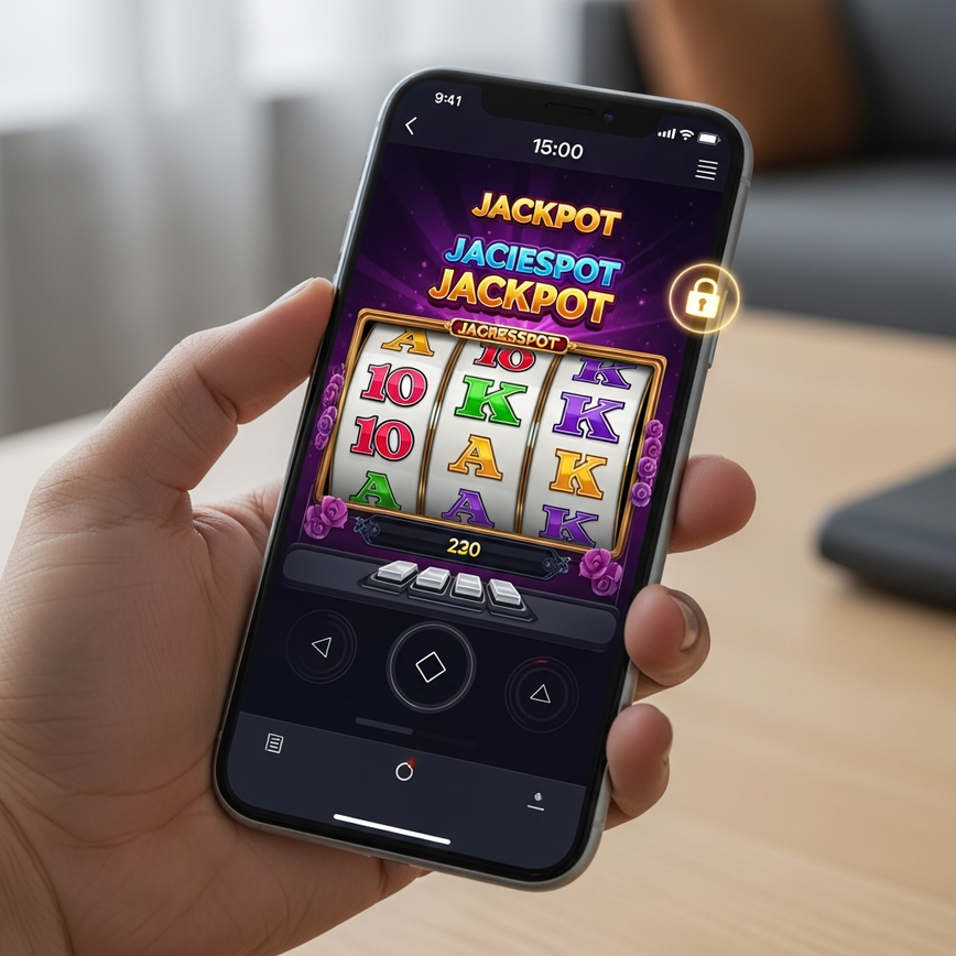 Shows a modern mobile phone displaying a progressive jackpot slot game, emphasizing accessibility and security on the go.