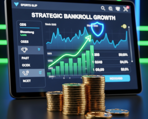 Sleek digital sports betting interface with an overlaid upward-trending financial graph and a protective shield, symbolizing strategic unit sizing and bankroll management for long-term profit.