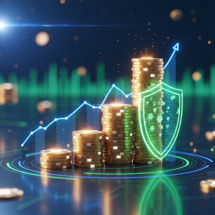 Visualizes the dual concepts of bankroll protection and compounding growth, showing how consistent unit sizing safeguards and expands betting funds over time.