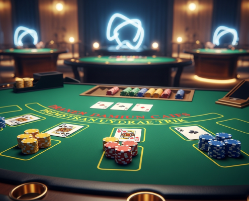 Premium online casino blackjack table showing three player hands with cards and chips, alongside a dealer's upcard, set against a blurred, luxurious live studio background, emphasizing multi-hand play strategy.
