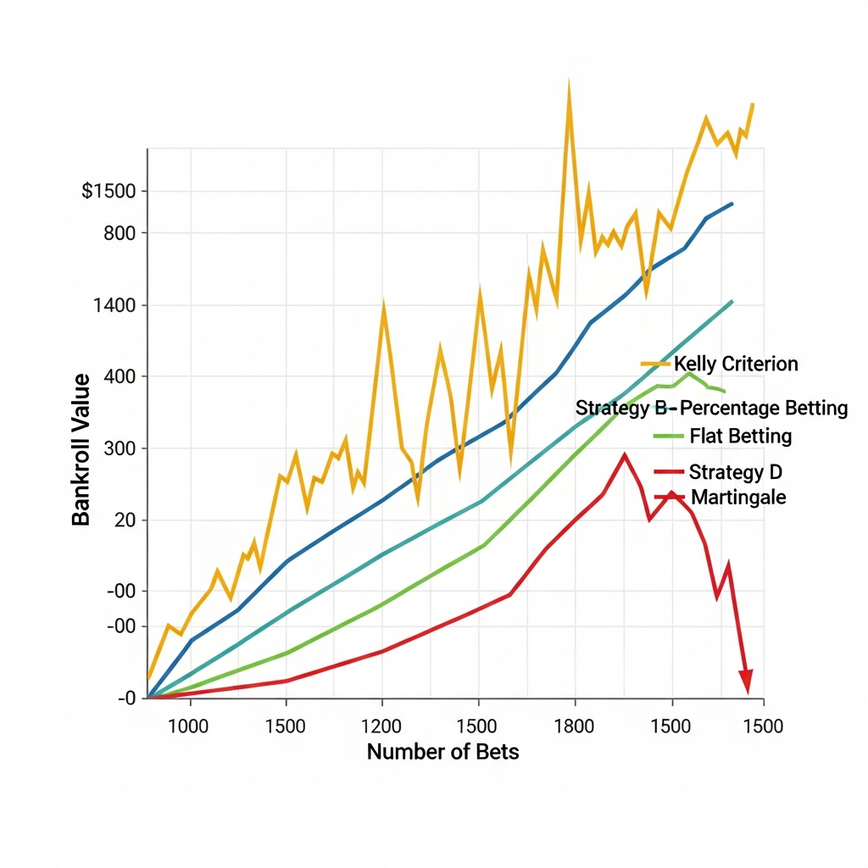 To visually compare the performance and risk levels of different bankroll management strategies, including the Kelly Criterion, Flat Betting, Percentage Betting, and Martingale, over time.