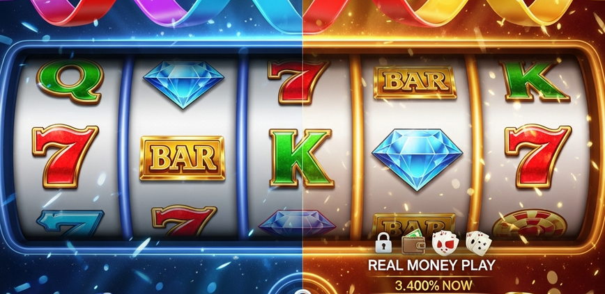 A split-screen visual depicting a vibrant online slot machine interface in 'Demo Mode' with virtual credits on one side, and the same slot interface in 'Real Money Play' with secure payment icons on the other, symbolizing practice before real stakes.