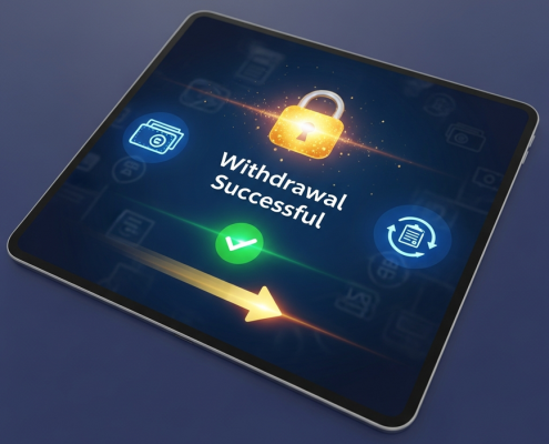 Sleek online casino interface on a tablet showing 'Withdrawal Successful' with secure banking icons and a padlock, symbolizing fast and trustworthy payments in Malaysia.