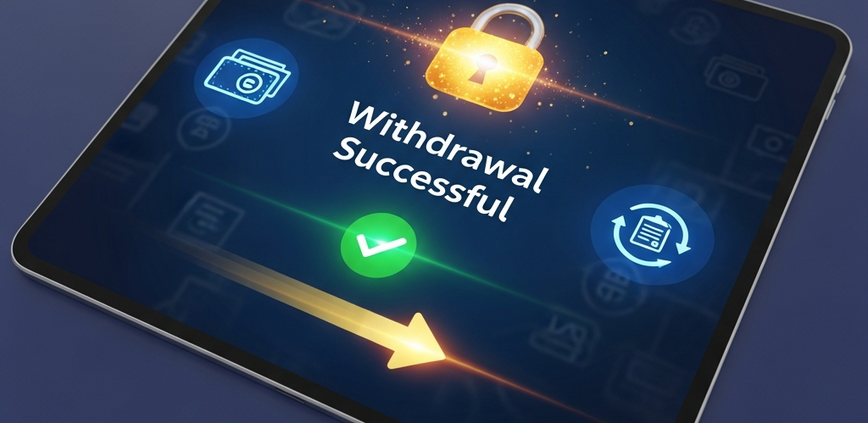 Sleek online casino interface on a tablet showing 'Withdrawal Successful' with secure banking icons and a padlock, symbolizing fast and trustworthy payments in Malaysia.
