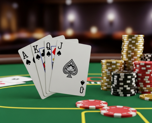 High-angle view of a poker table featuring a winning Royal Flush hand (Ace to Ten of Spades) and a stack of casino chips, symbolizing mastery of poker hand rankings.