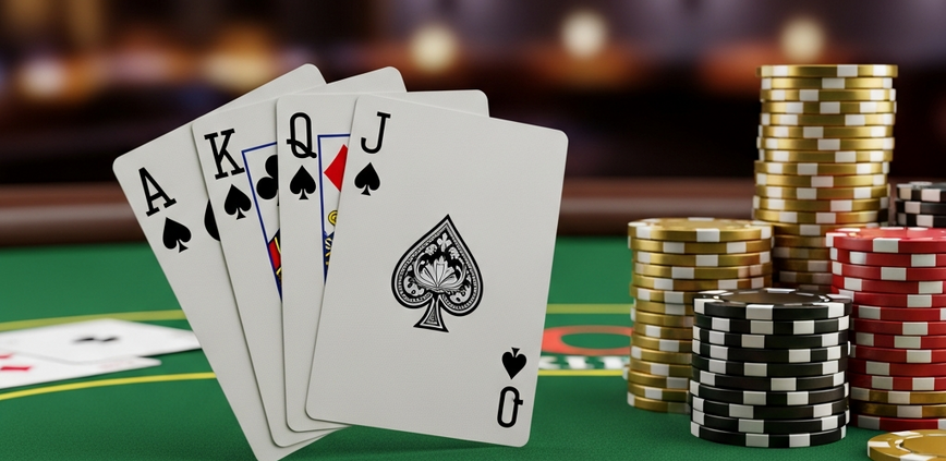 High-angle view of a poker table featuring a winning Royal Flush hand (Ace to Ten of Spades) and a stack of casino chips, symbolizing mastery of poker hand rankings.