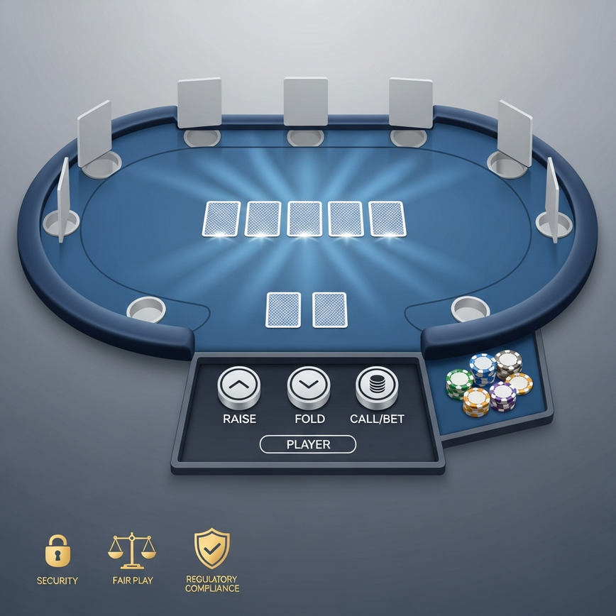 Depicts the secure and regulated environment of an online poker platform, highlighting trust and fair play.