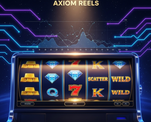 Dynamic online slot machine interface with spinning reels and abstract mathematical overlays, symbolizing the truth behind slot myths and smart strategy on a premium online casino platform.