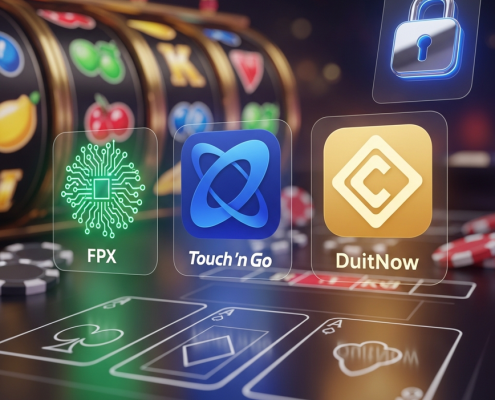 A premium online casino interface visually integrated with abstract, glowing icons representing Malaysian payment methods like FPX, Touch 'n Go, and DuitNow, symbolizing fast and secure transactions.