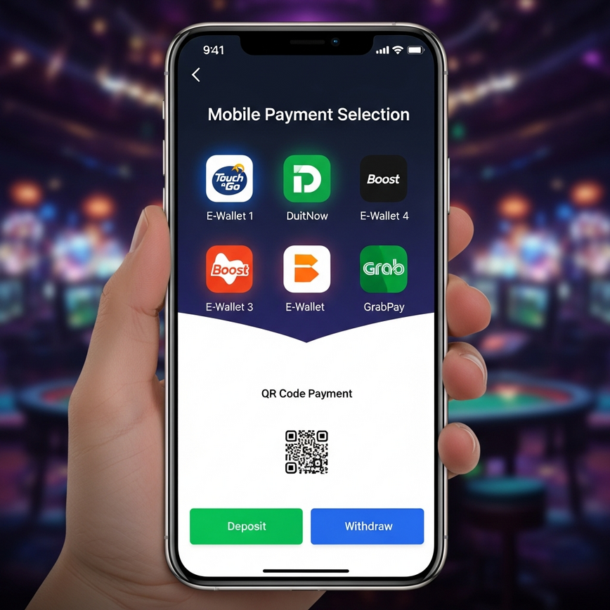 Showcases the convenience and variety of Malaysian e-wallet payment solutions available on a mobile casino platform.