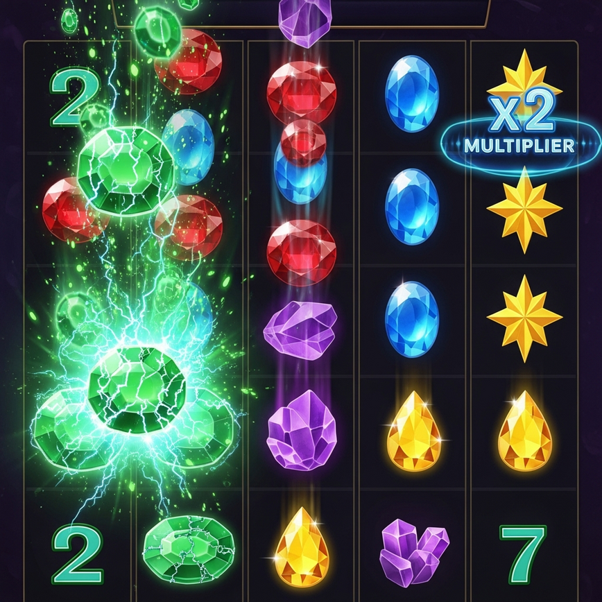 Depicts the cascading wins feature, showing winning symbols disappearing and new ones falling into place, potentially with a multiplier.