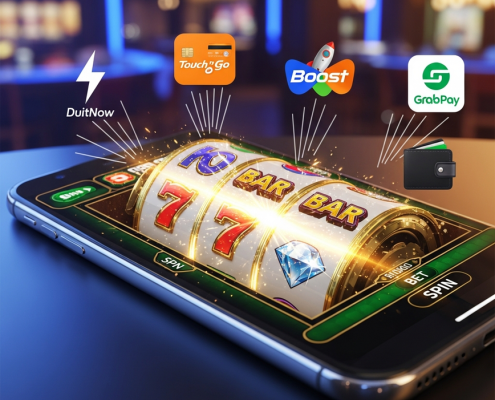 Smartphone displaying a vibrant online slot machine game with generic e-wallet icons floating around, symbolizing fast and secure transactions at a Malaysian online casino.