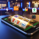 Smartphone displaying a vibrant online slot machine game with generic e-wallet icons floating around, symbolizing fast and secure transactions at a Malaysian online casino.