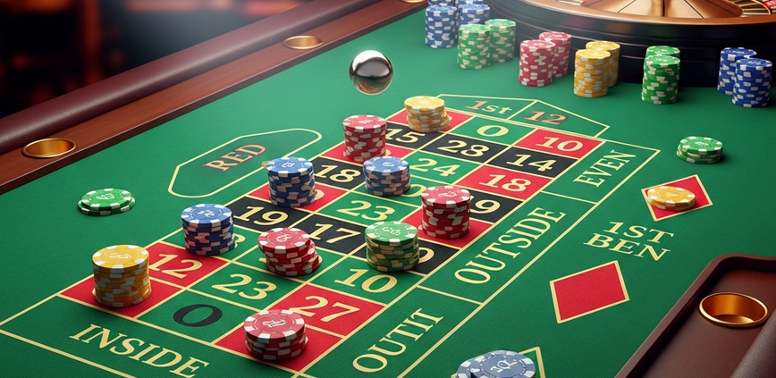 Dynamic overhead view of a European roulette table, showcasing casino chips strategically placed on both inside and outside betting areas, illustrating the core concepts of roulette strategy.