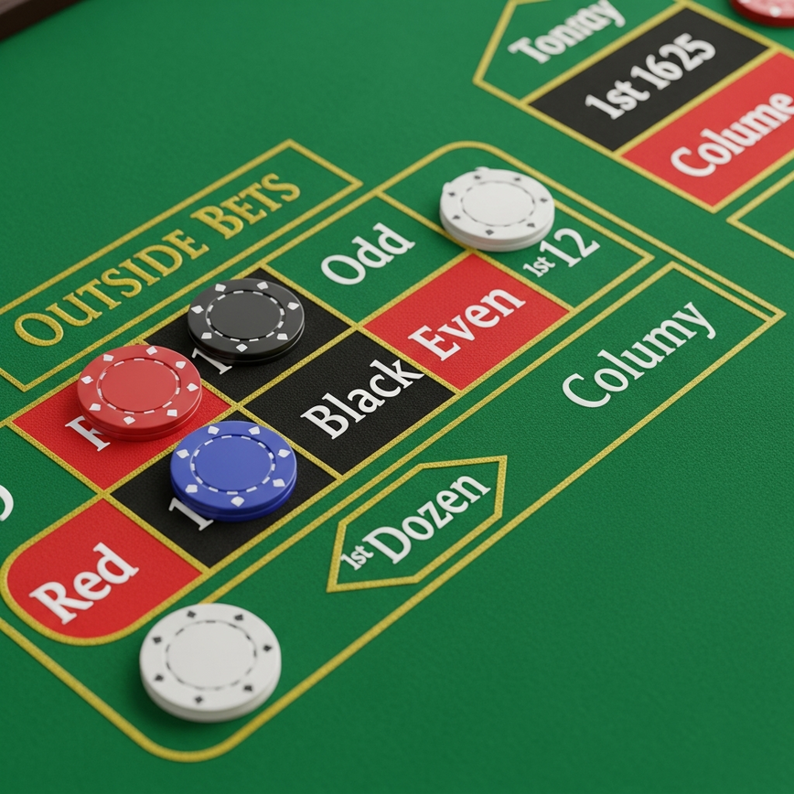 Illustrates the specific types and placement of 'outside bets' on a roulette table layout, providing a clear visual aid for understanding this bet category.