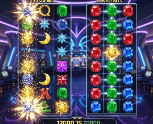 Dynamic online slot game interface demonstrating both cascading reels with exploding symbols and new symbols falling, alongside a highlighted cluster pays formation of glowing matching symbols on a vibrant grid, set in a modern online casino.