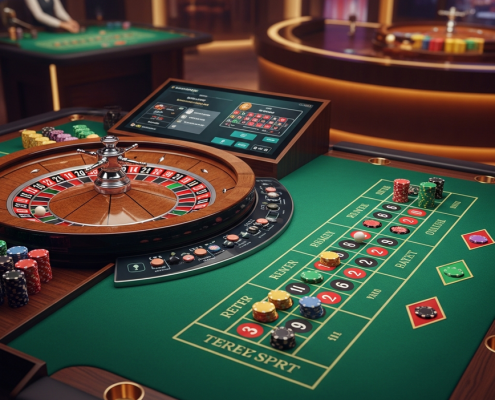 Dynamic view of a live roulette wheel with a spinning ball and virtual chips on a green felt betting layout, integrated with a sleek online casino interface in a luxurious studio setting.