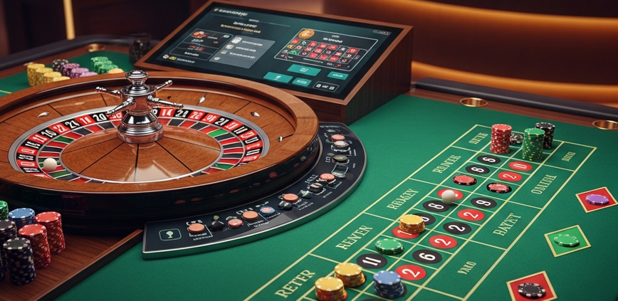 Dynamic view of a live roulette wheel with a spinning ball and virtual chips on a green felt betting layout, integrated with a sleek online casino interface in a luxurious studio setting.