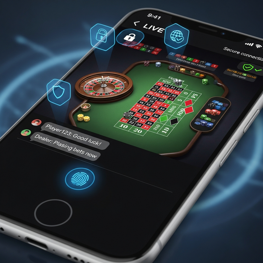 Showcases the secure and user-friendly mobile app experience for live roulette, emphasizing security features like biometric login and secure connections.