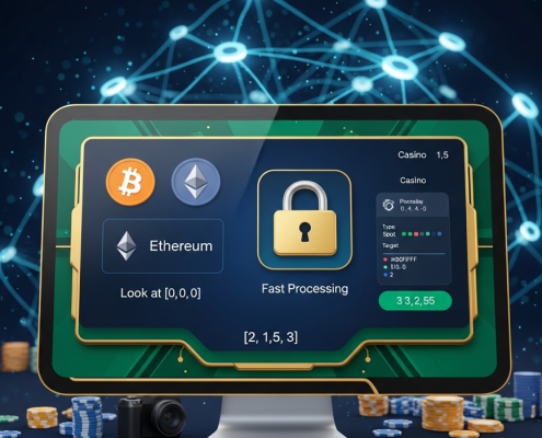 Sleek online casino payment interface featuring generic cryptocurrency icons like Bitcoin and Ethereum, a secure padlock, and a glowing blockchain network in the background, symbolizing secure and fast crypto deposits.