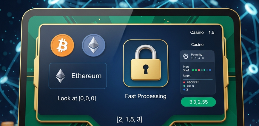 Sleek online casino payment interface featuring generic cryptocurrency icons like Bitcoin and Ethereum, a secure padlock, and a glowing blockchain network in the background, symbolizing secure and fast crypto deposits.