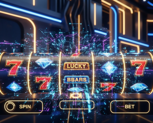 Vibrant online slot machine interface with spinning reels and glowing digital data streams, representing the complex and unpredictable nature of slot payouts due to RNG technology.
