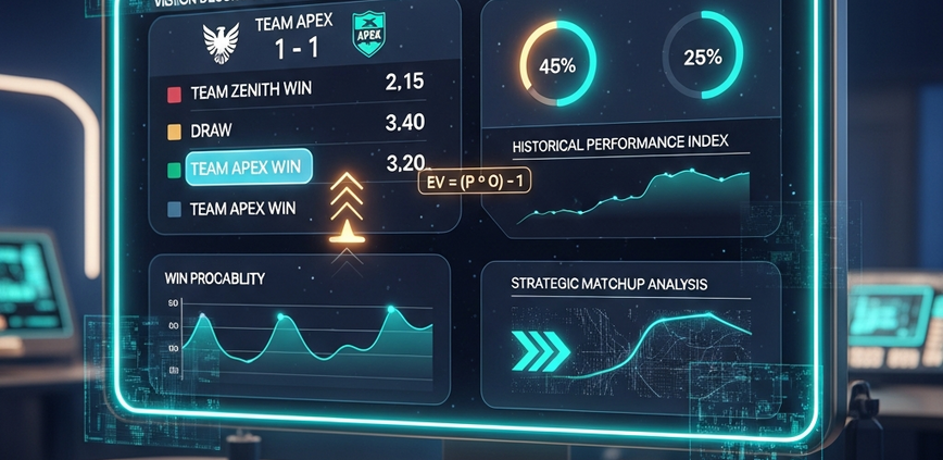 Digital sports betting interface showing various odds, probability calculations, and analytical graphs, symbolizing the strategic approach to value betting and finding an edge.