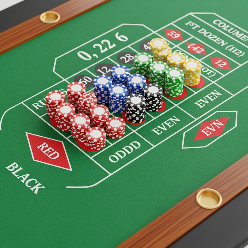 Visualizes the roulette betting table with generic casino chips strategically placed on various 'outside bets' (e.g., Red/Black, Odd/Even, Dozen/Column) to demonstrate payout structures and bankroll management strategies.