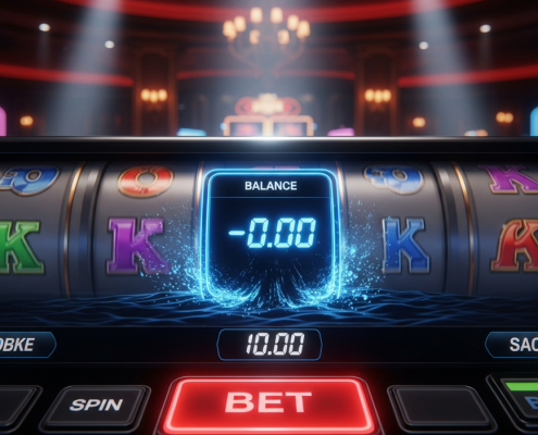 Hyper-realistic online slot machine interface showing a negative balance sinking into a vortex, symbolizing the danger of chasing losses and financial ruin in gambling.