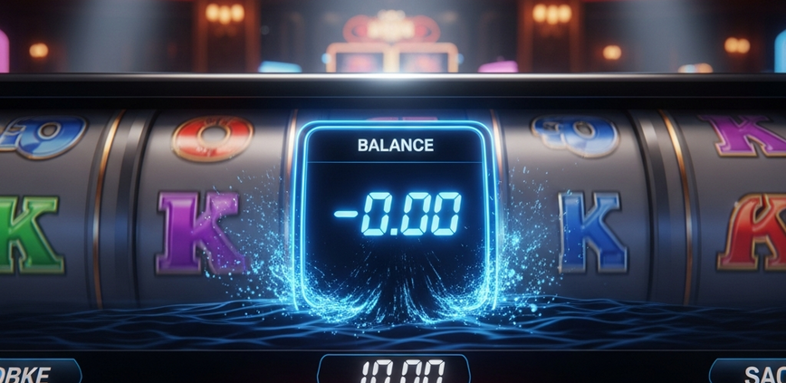 Hyper-realistic online slot machine interface showing a negative balance sinking into a vortex, symbolizing the danger of chasing losses and financial ruin in gambling.