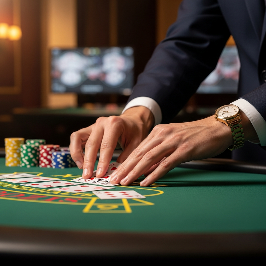 Illustrates the authentic, social, and transparent nature of live poker with a real dealer and physical cards.