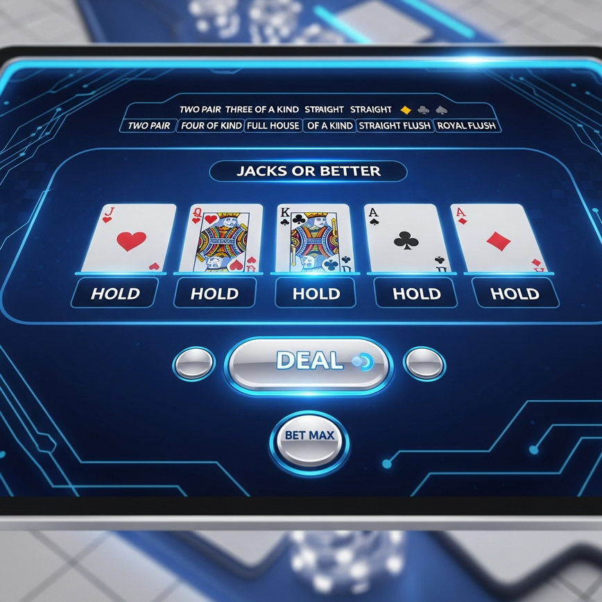 Depicts the fast-paced, solo, and strategy-focused experience of video poker with its digital interface and paytable.