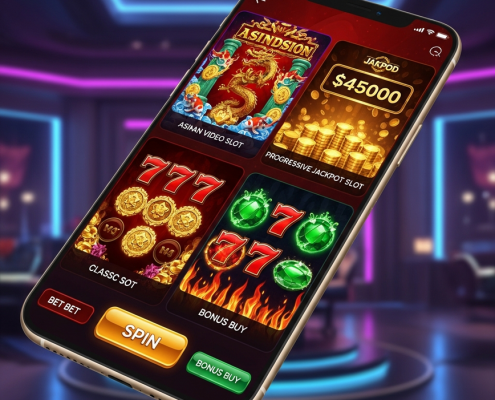 A modern mobile online casino interface displaying popular slot games in Malaysia, including Asian-themed, classic 777, and progressive jackpot slots, set against a luxurious digital backdrop.