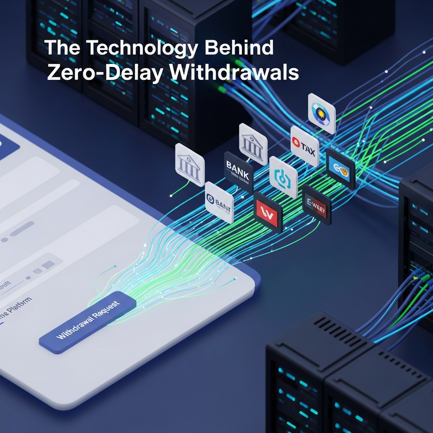 Illustrates the advanced technology and verified banking partnerships behind zero-delay withdrawals, emphasizing automated processing and security.