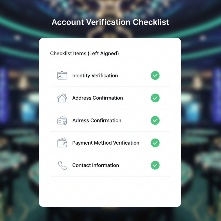 Visualizes the account verification process (KYC) as a clear and simple checklist, preparing players for fast withdrawals.