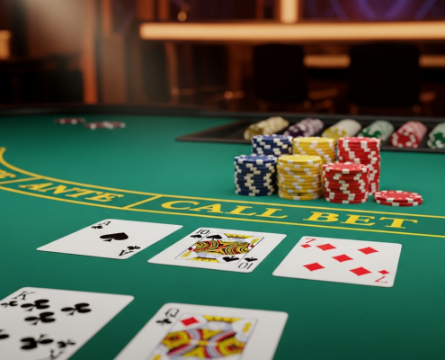 Overhead view of a luxurious Casino Hold'em poker table with cards dealt and casino chips, representing strategic gameplay.